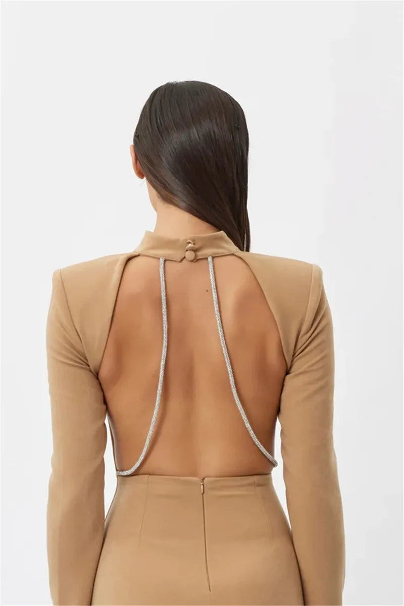 Sparkle Strap Backless Long Sleeve Maxi Dresses