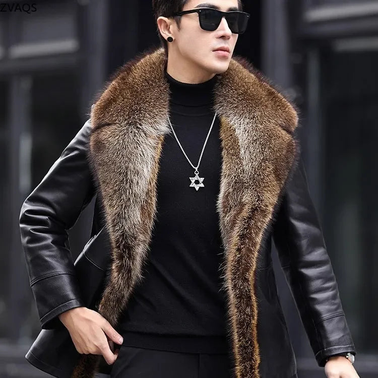 Genuine Leather Coat Real Fur Lining Collar