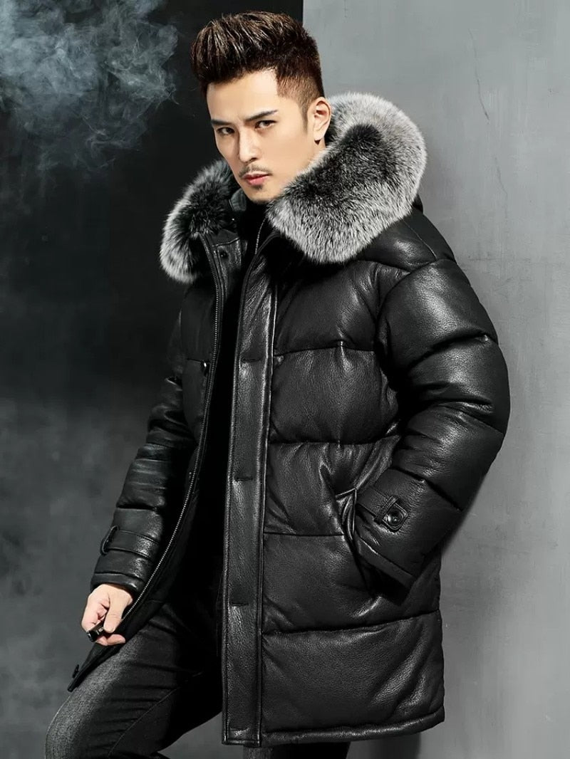 Bubble Genuine Leather Duck Down Real Fur Hooded Coat