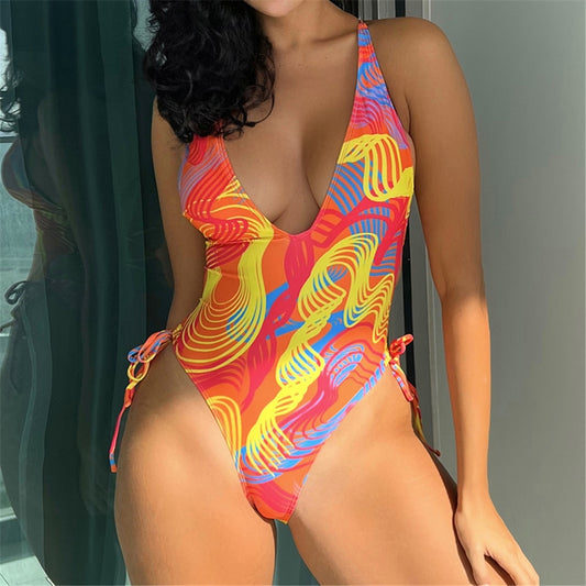 Printed Deep V Cross Open Back One Piece