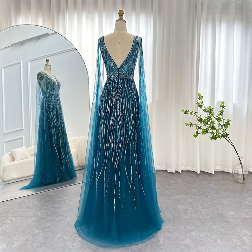 Crystal Stone Drip Mesh Sleeve Drape Gowns