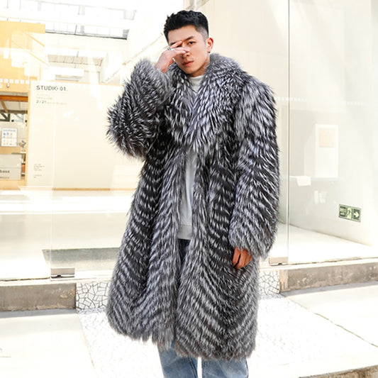 Sliver Knitted Pattern Real Fox Fur Long Coat