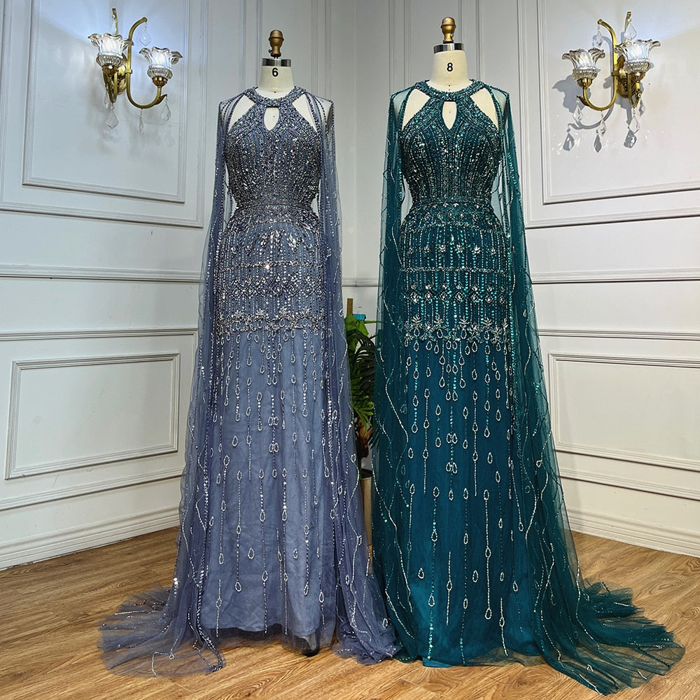 Luxury Rhinestone Cape Maxi Sleeves Dresses