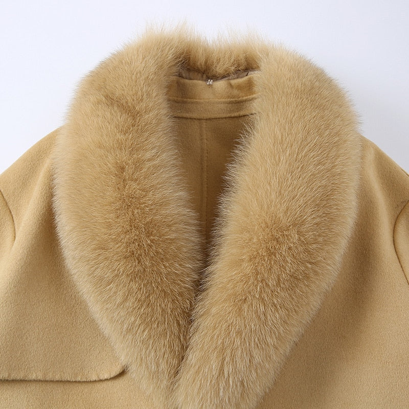 Real Wool Detachable Big Real Fox Fur Collar Long Coats