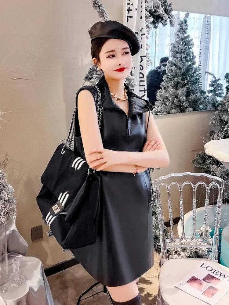 Genuine Leather Sleeveless Hooded Mini Dress