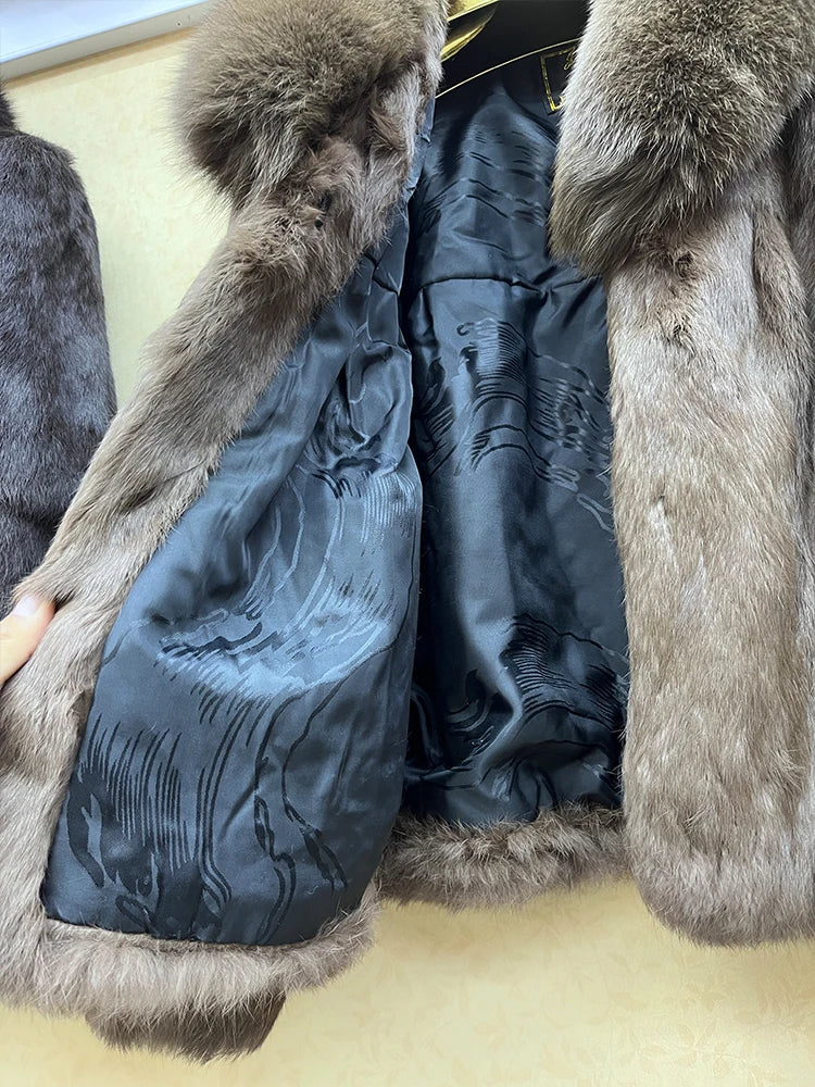 Short Real Rabbit Fur Coats Fox Fur Collar