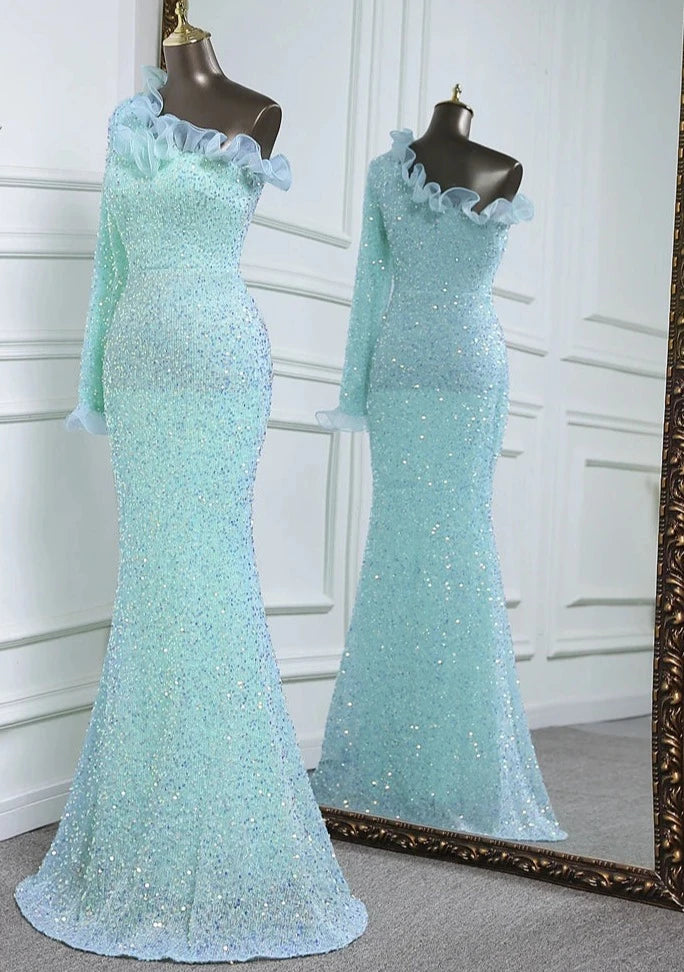 Sequins One Sleeve Lace Floor-Length Dresses