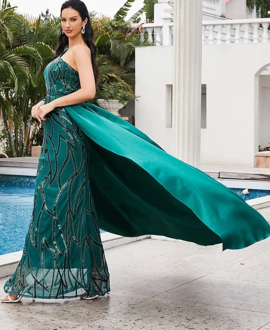 Sequin One Shoulder Waist Shawl Long Dresses