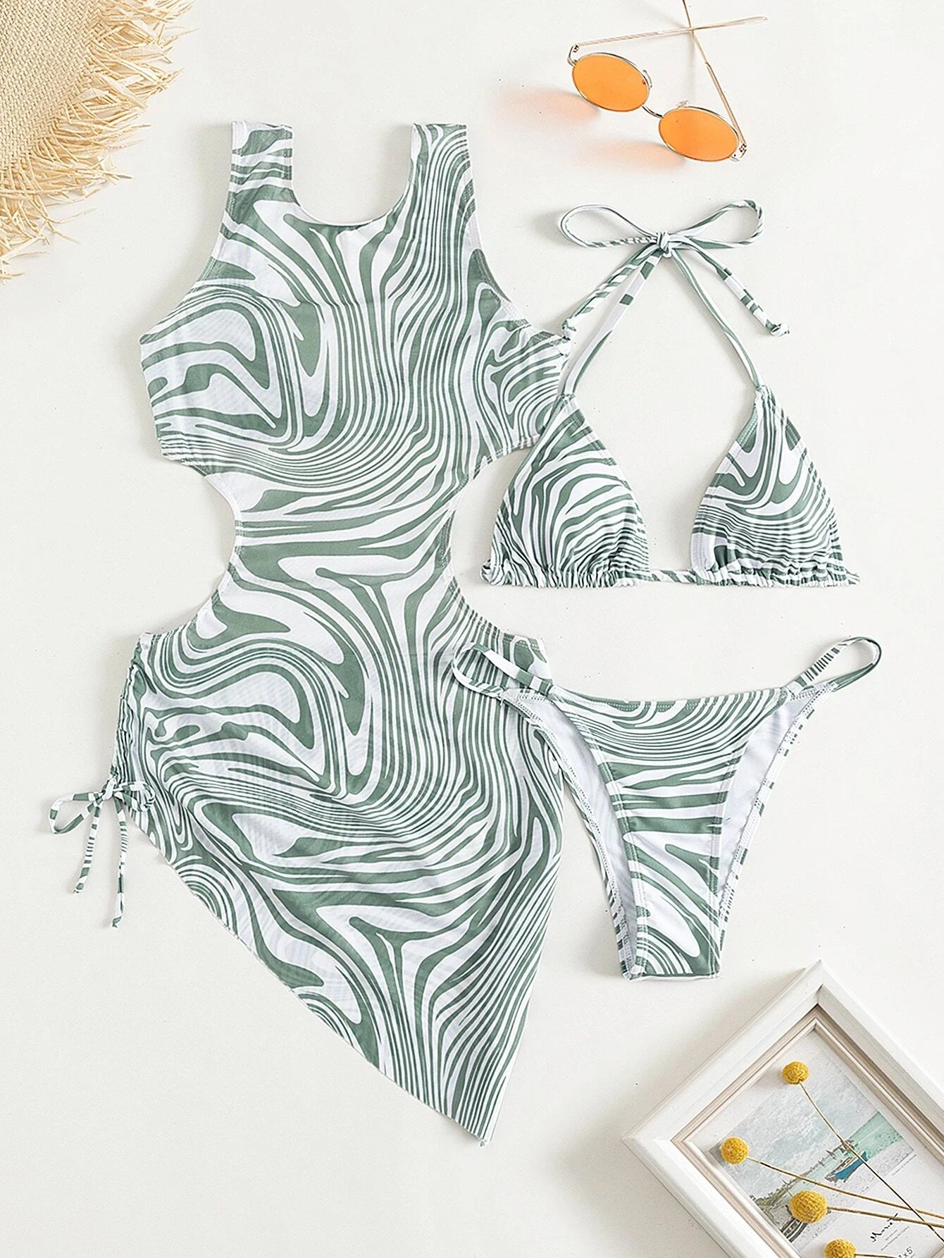 Zebra Mesh Cover Up & Bikini 3 Pieces Set