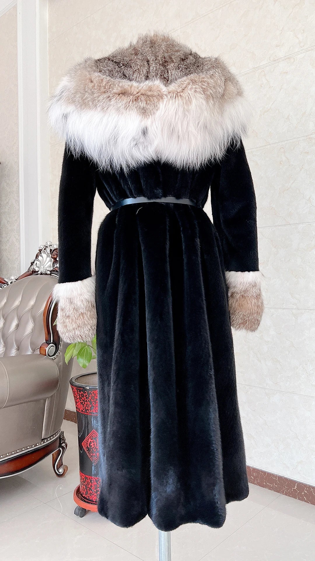 Luxury Lynx Collar Real Mink Fur Coats X-Long