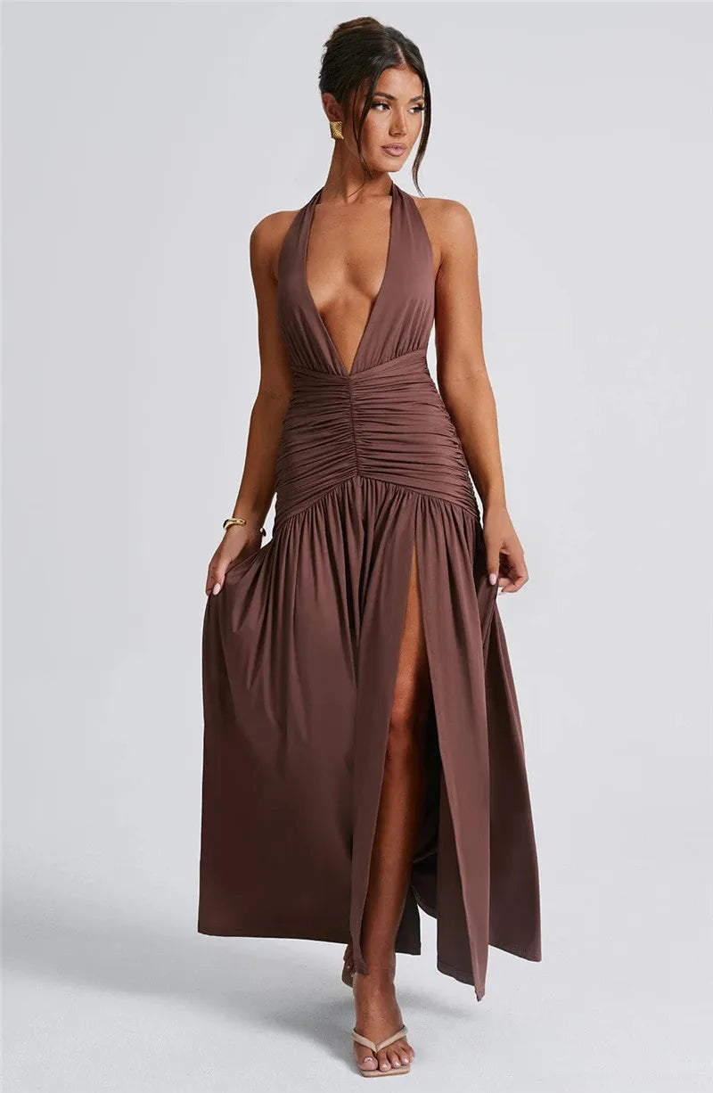 Halter Deep V Thigh High Split Maxi Dresses