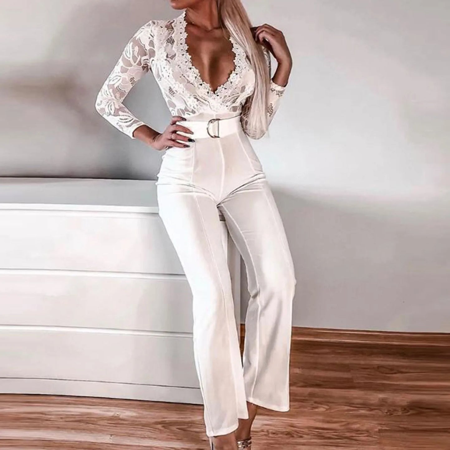 Lace Deep V Belted Wide Leg Jumpsuit