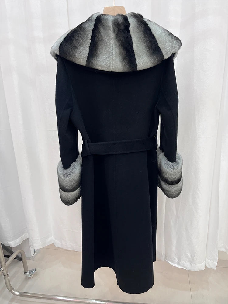 Long Cashmere Wool Coats Real Fur Collar & Cuffs