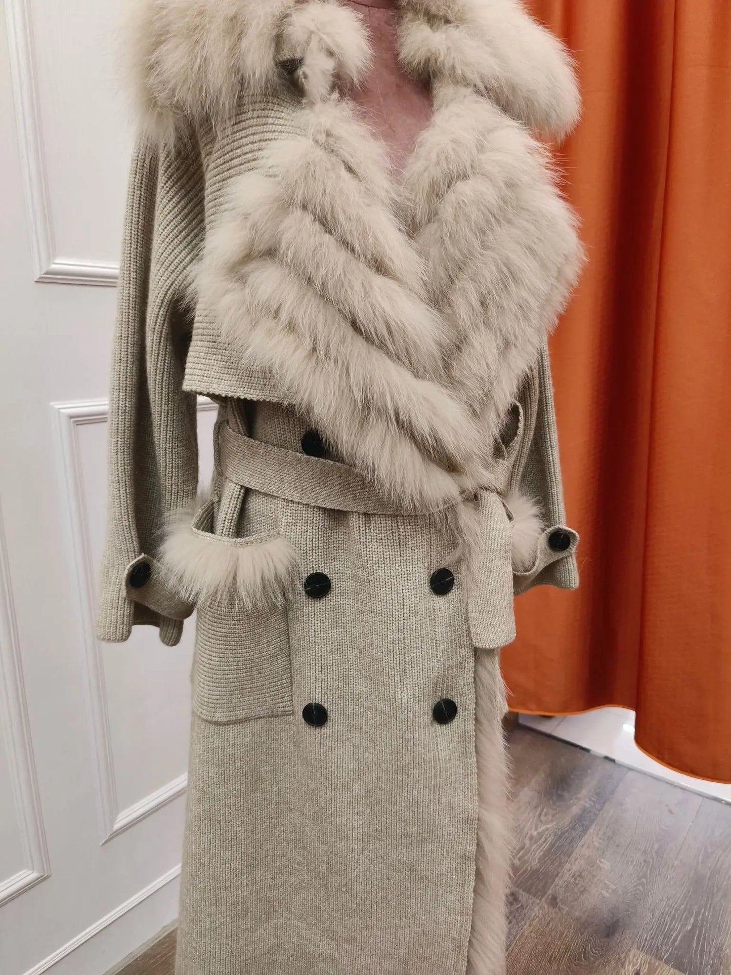 Real Fur Knitted Collar Long Wool Coats