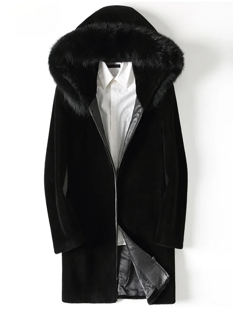 Genuine Leather Real Fur Hooded Long Wool Coat