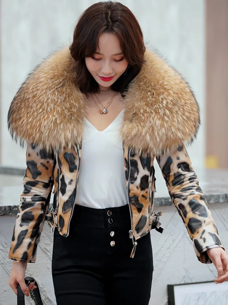 Genuine Leather Jacket Leopard Print Big Fur Collar