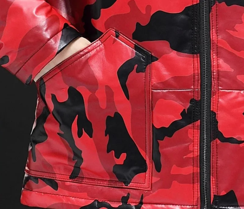 Red Camo Genuine Leather Down Coat