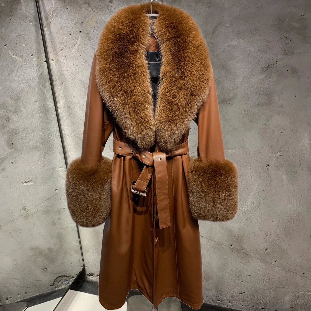 Genuine Leather Trench Coats Big Real Fur Collar Cuff