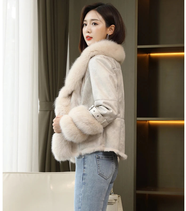 Real Rabbit Fur Liner Real Fox Fur Collar & Cuffs Coats