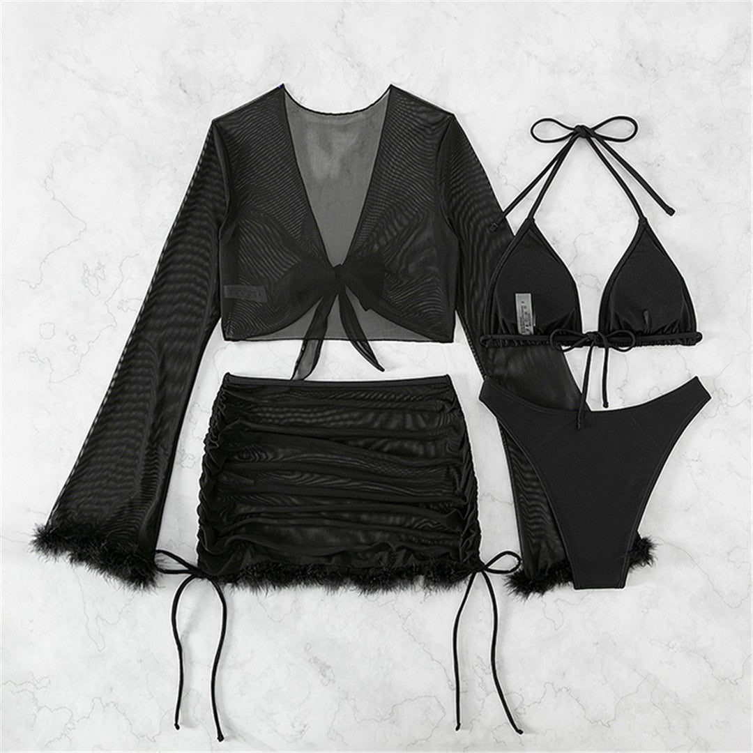 Bikini Set & Mesh Long Sleeve Crop & Mini Skirt 4 Pcs