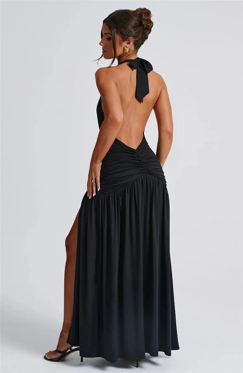 Halter Deep V Thigh High Split Maxi Dresses