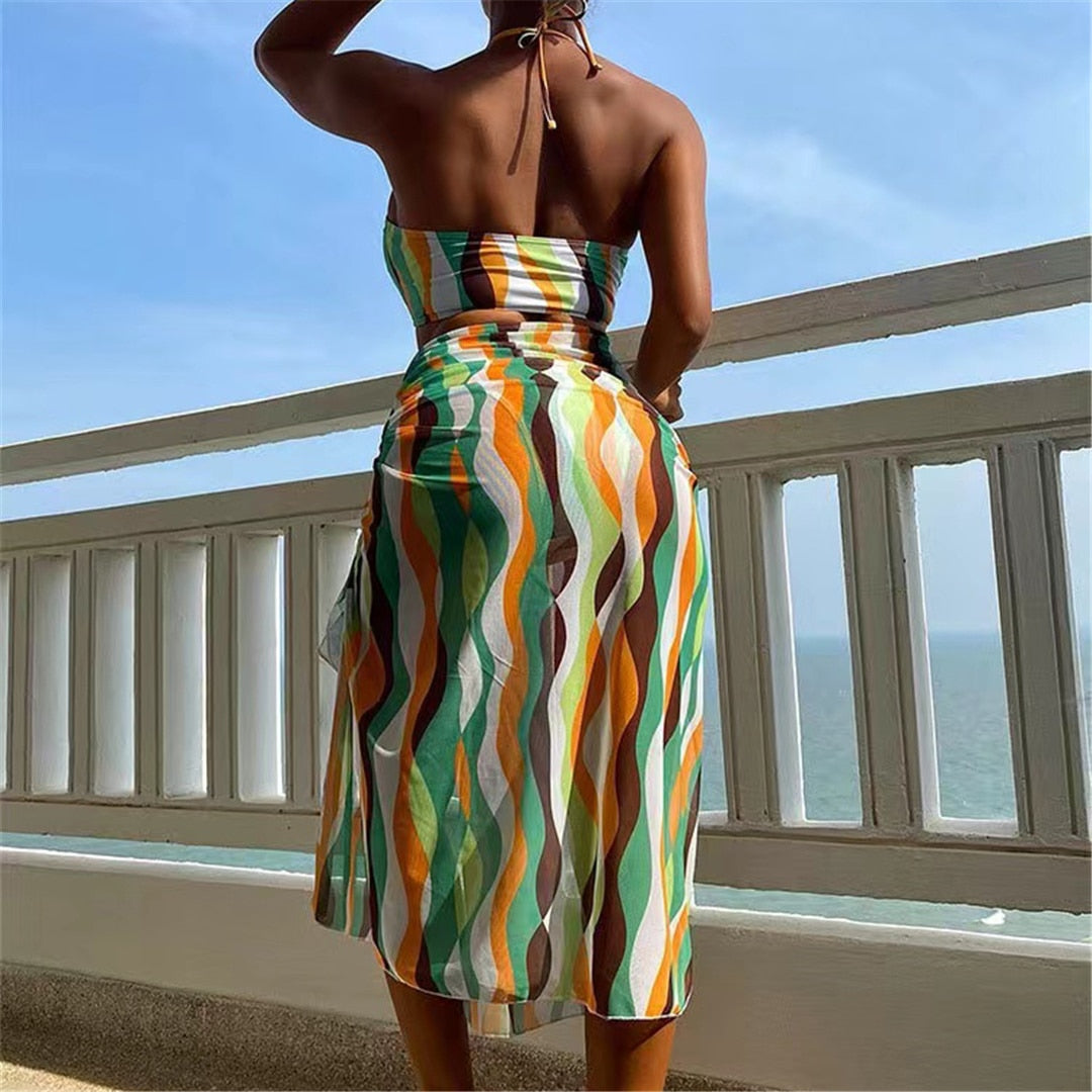 Halter Print High Cut Bikini Set & Long Skirt