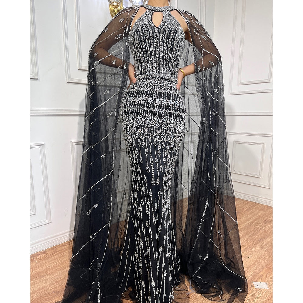 Luxury Rhinestone Cape Maxi Sleeves Dresses