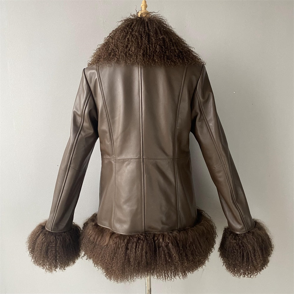 Genuine Leather Real Mongolia Fur Collar, Trim & Cuffs