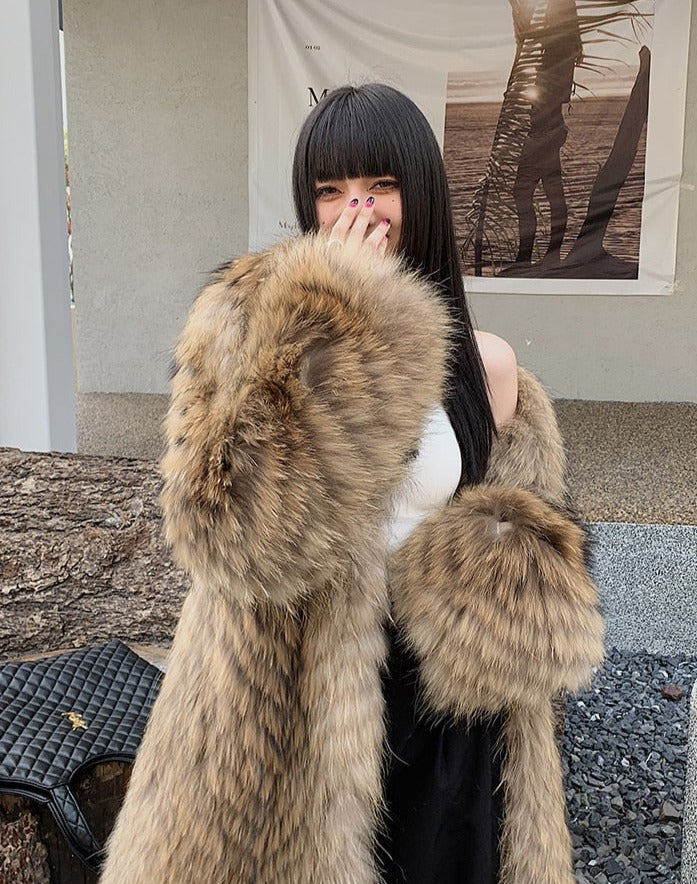 Luxury Striped Real Fur Coats X-Long