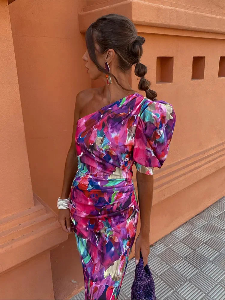 Backless Print Diagonal Shoulder Maxi Dress