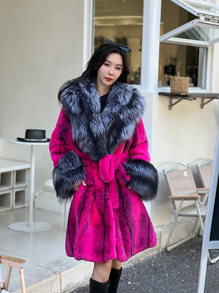 Real Rex Rabbit Fur Coats Fox Lapel Collar