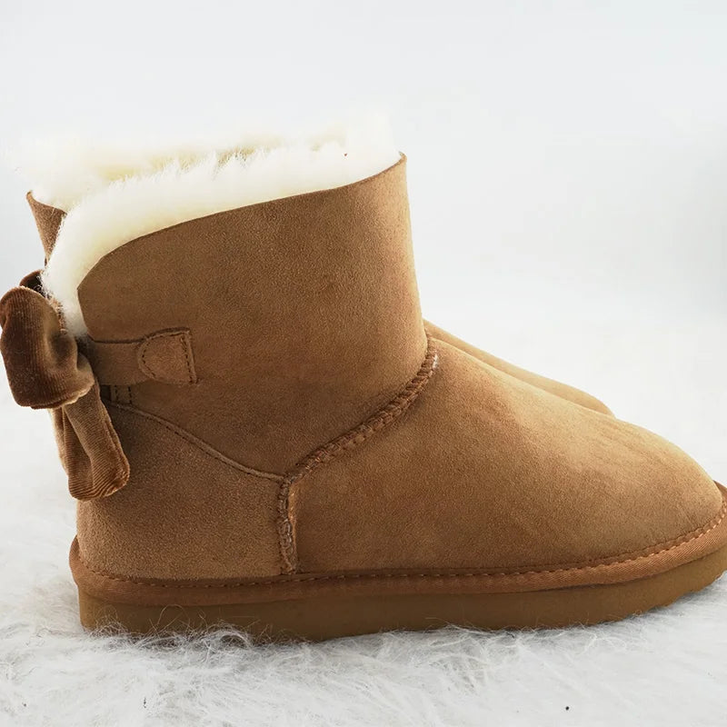 Genuine Leather Snow Boots Velvet Back Bow