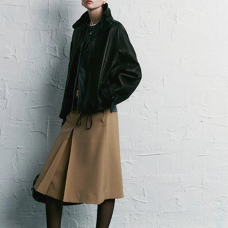 Real Leather Jacket Women Autumn High Stand Collar Drawstring Double Zippers Locomotive Retro Short Sheepskin Coat Kurtka Damska