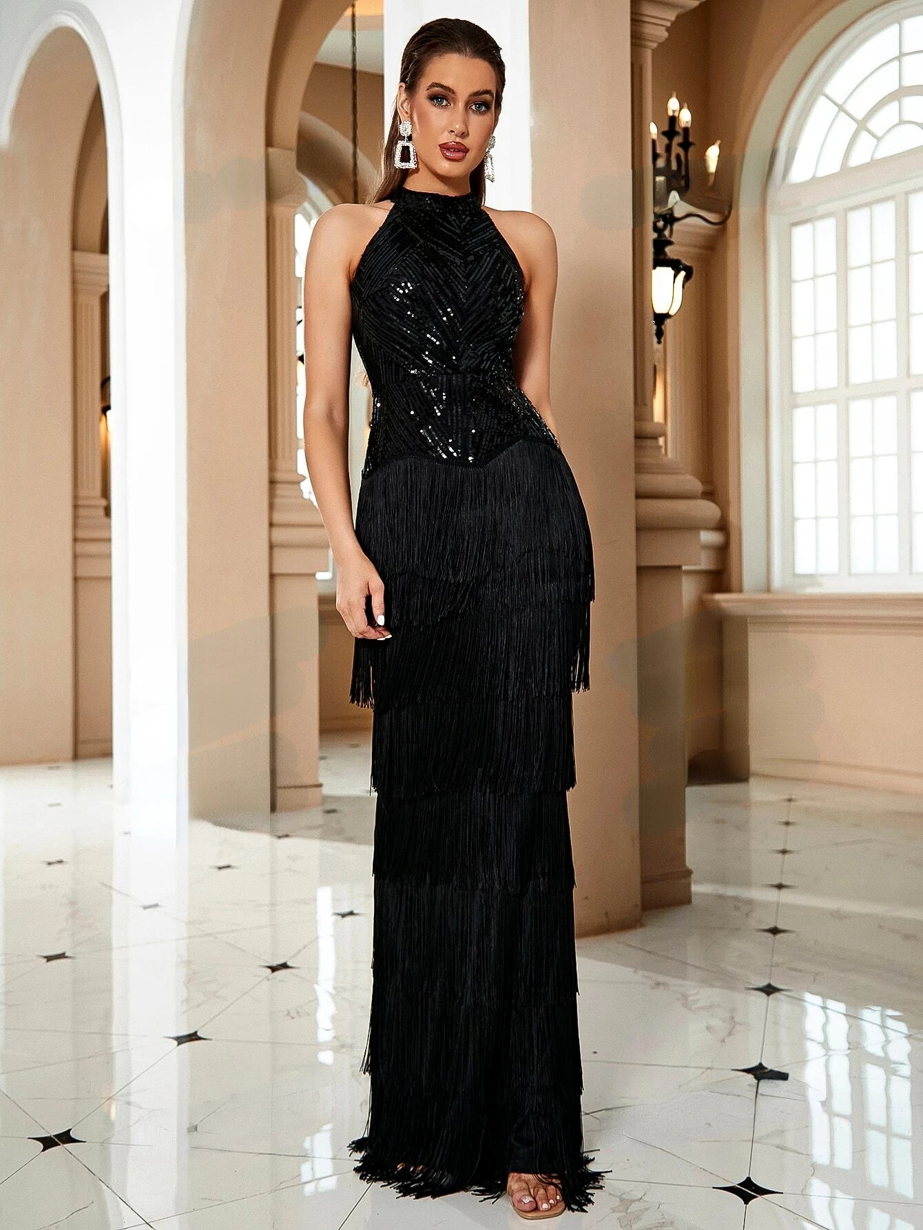 Sequins Halter Fringe Trim Mermaid Maxi Dress