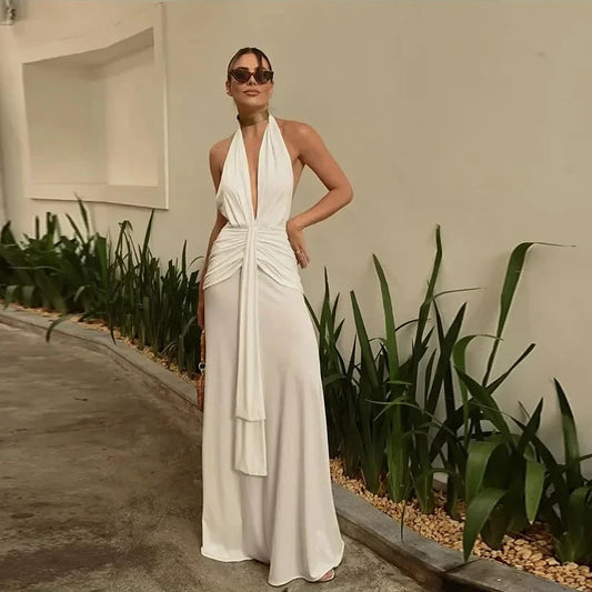 Pleated Deep V Halter Backless Maxi Dress