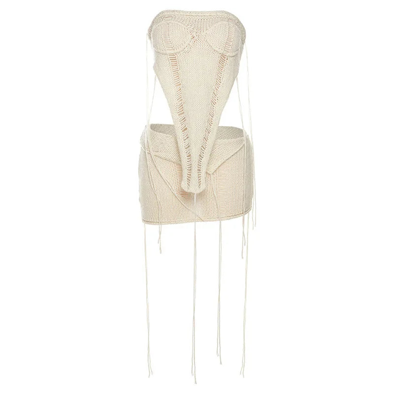 Irregular Knitted Strapless Crop Top & Mini Skirt Sets