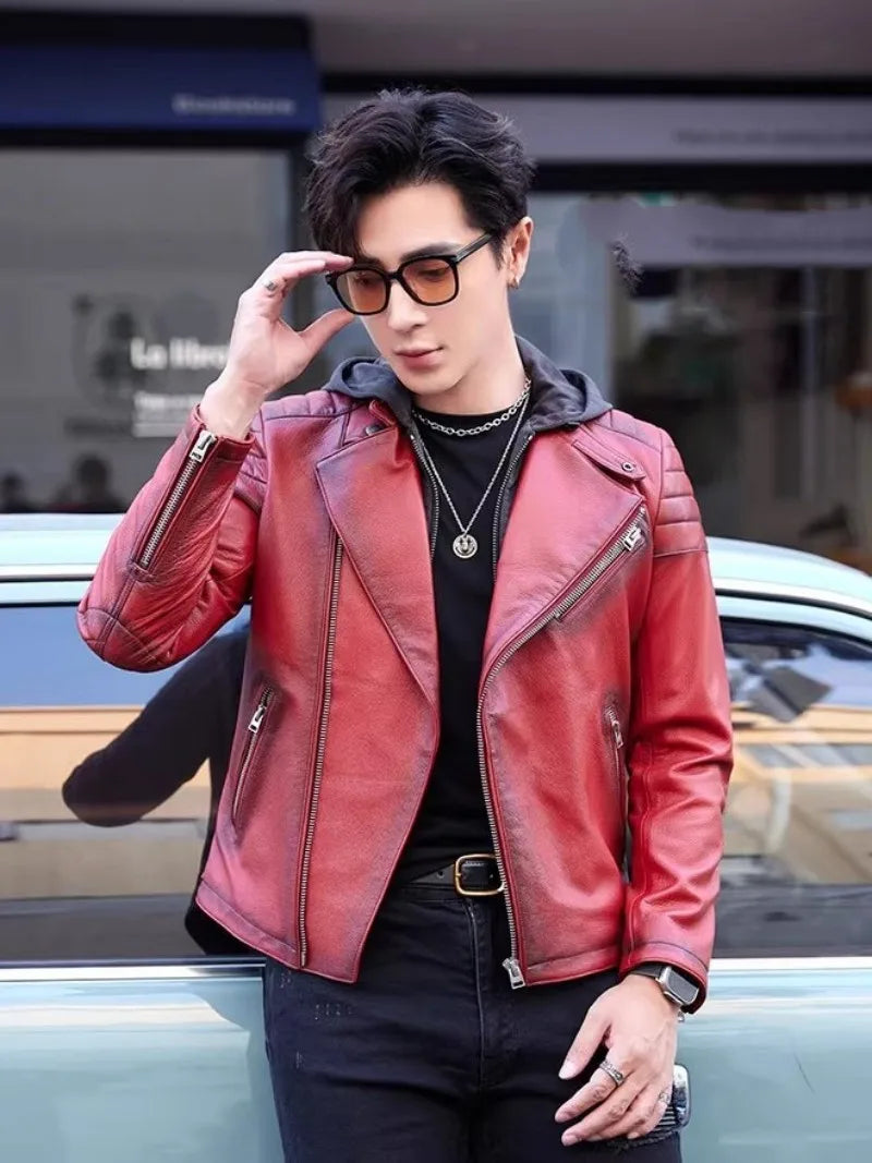 Red Moto Genuine Leather Jacket Removable Hooded