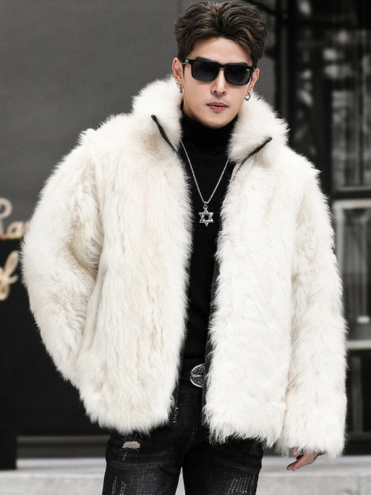 White Genuine Leather Reversible Shearling Fur Coat