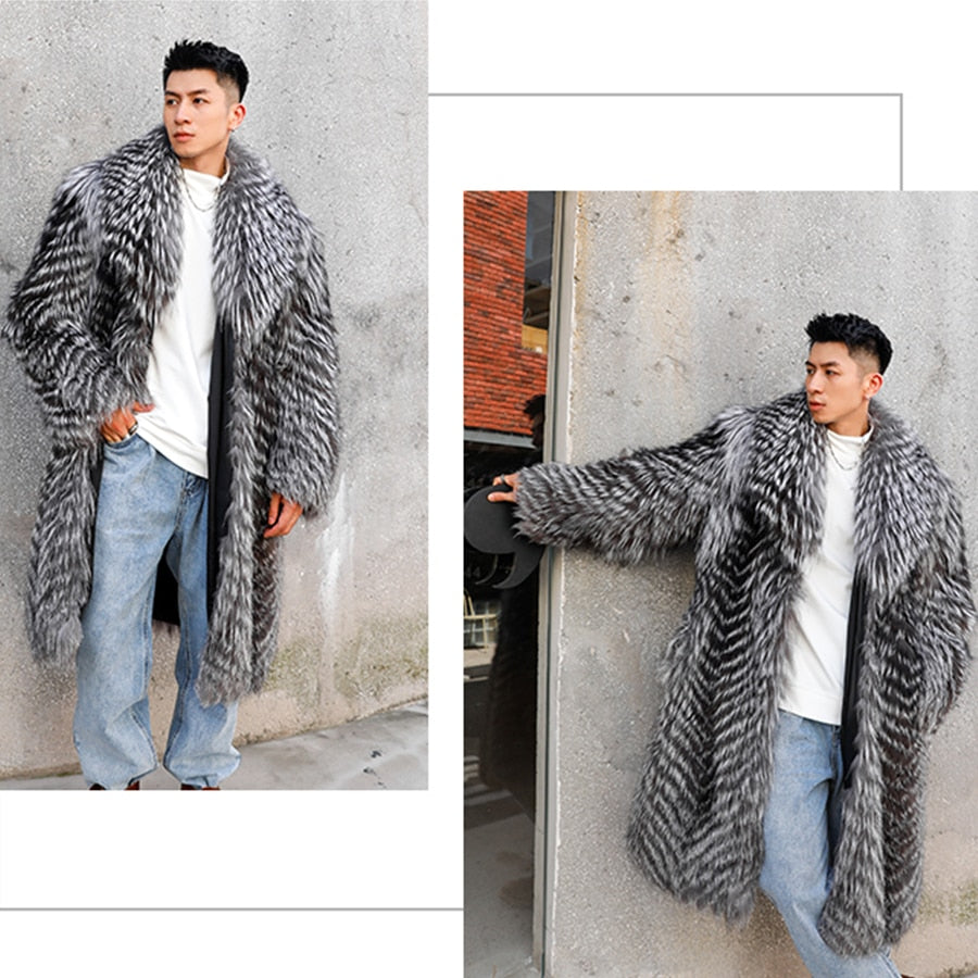 Sliver Knitted Pattern Real Fox Fur Long Coat