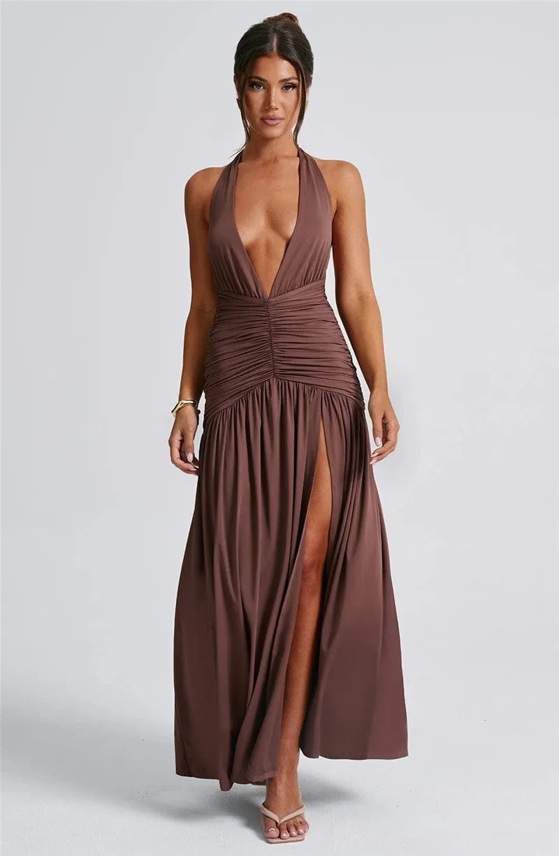 Halter Deep V Thigh High Split Maxi Dresses