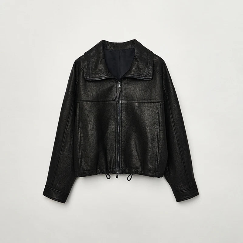 Real Leather Jacket Women Autumn High Stand Collar Drawstring Double Zippers Locomotive Retro Short Sheepskin Coat Kurtka Damska