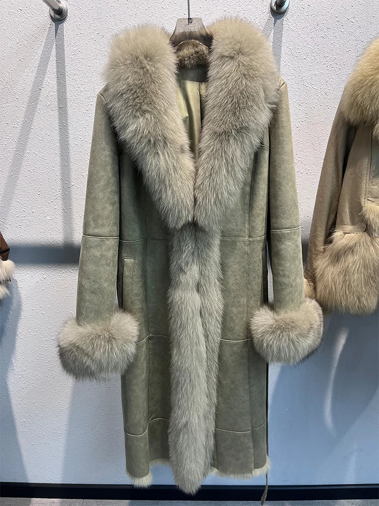 Genuine Leather Long Coats Real Fur Liner Collar Cuffs