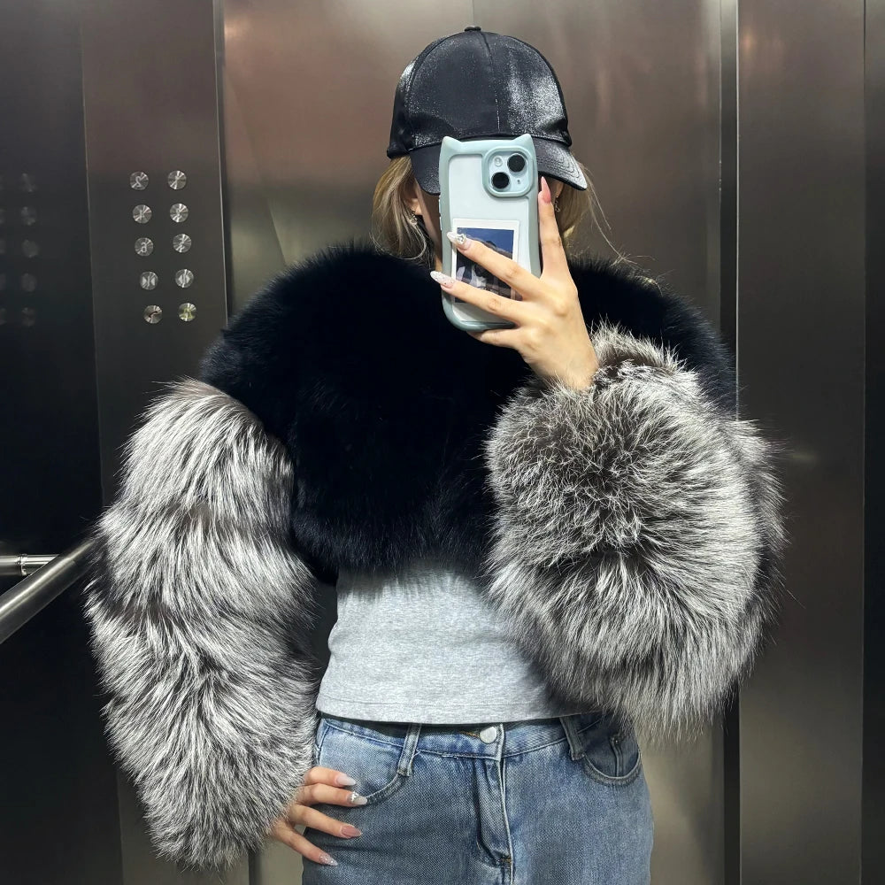 Two Tone Cropped Real Fox Fur Coats