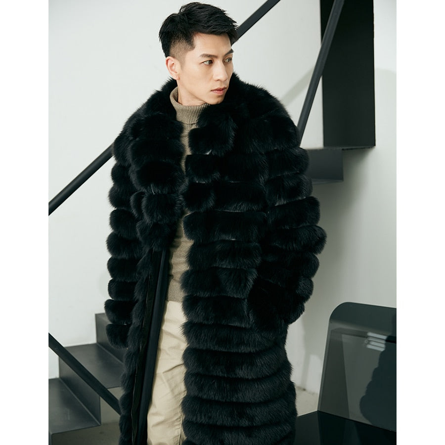 Black Real Fur Long Coat Big Fur Collar