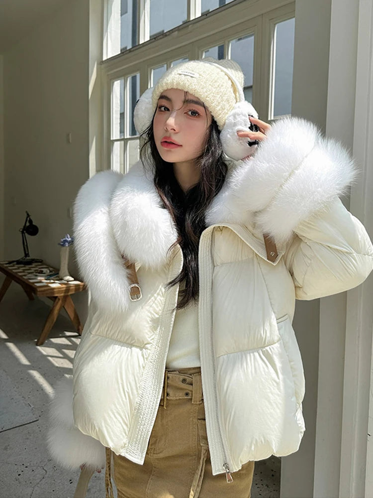 Goose Down Puffer Jackets Real Fur Collar & Cuffs