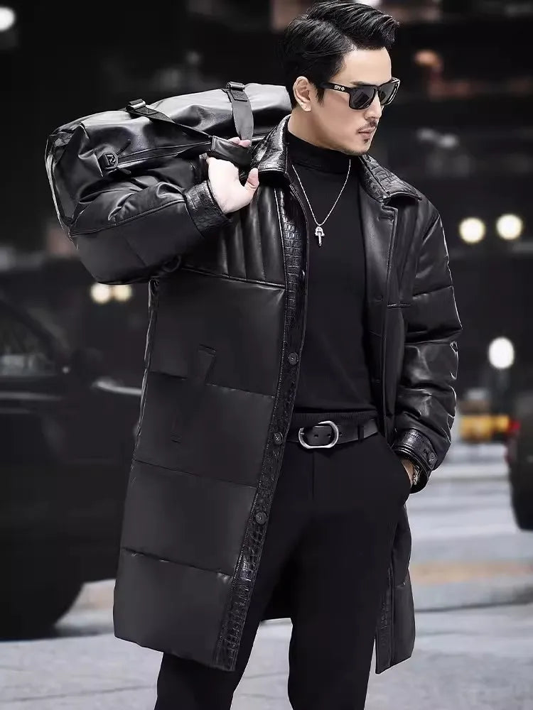 Genuine Leather Down Coat Single Breasted Long