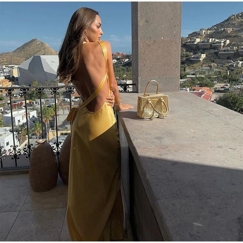 Yellow Backless Sleeveless Maxi Dress