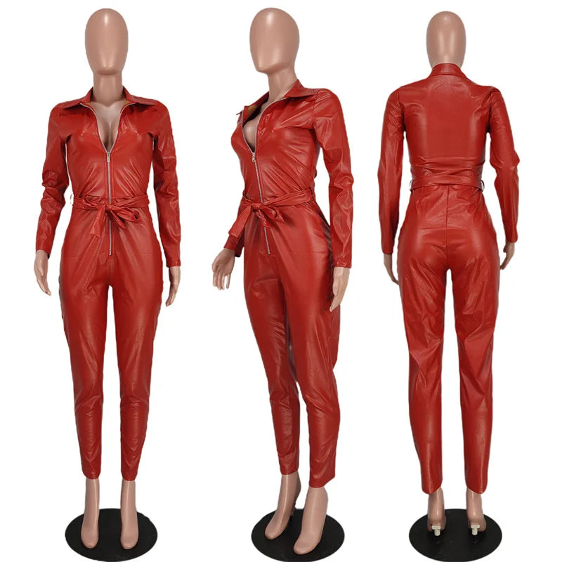 PU Faux Leather Long Sleeve Jumpsuits