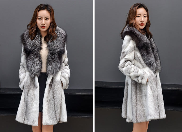 Real Mink Fur Coat Fox Fur Collar Mid-length