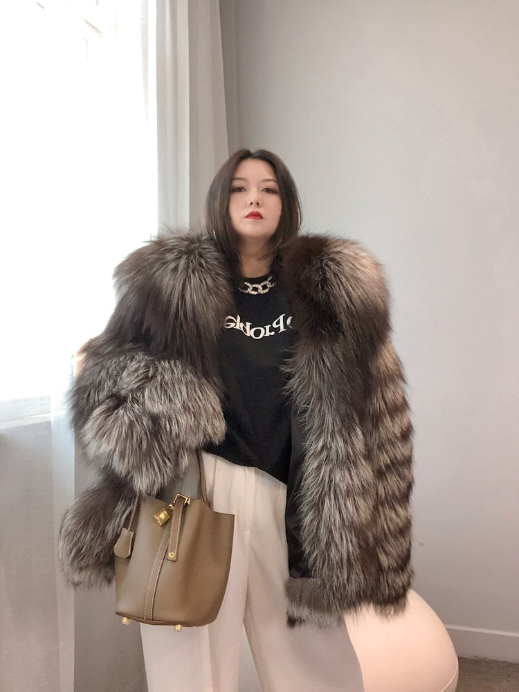 Luxury Dark Silver Real Fur Hooded Coat